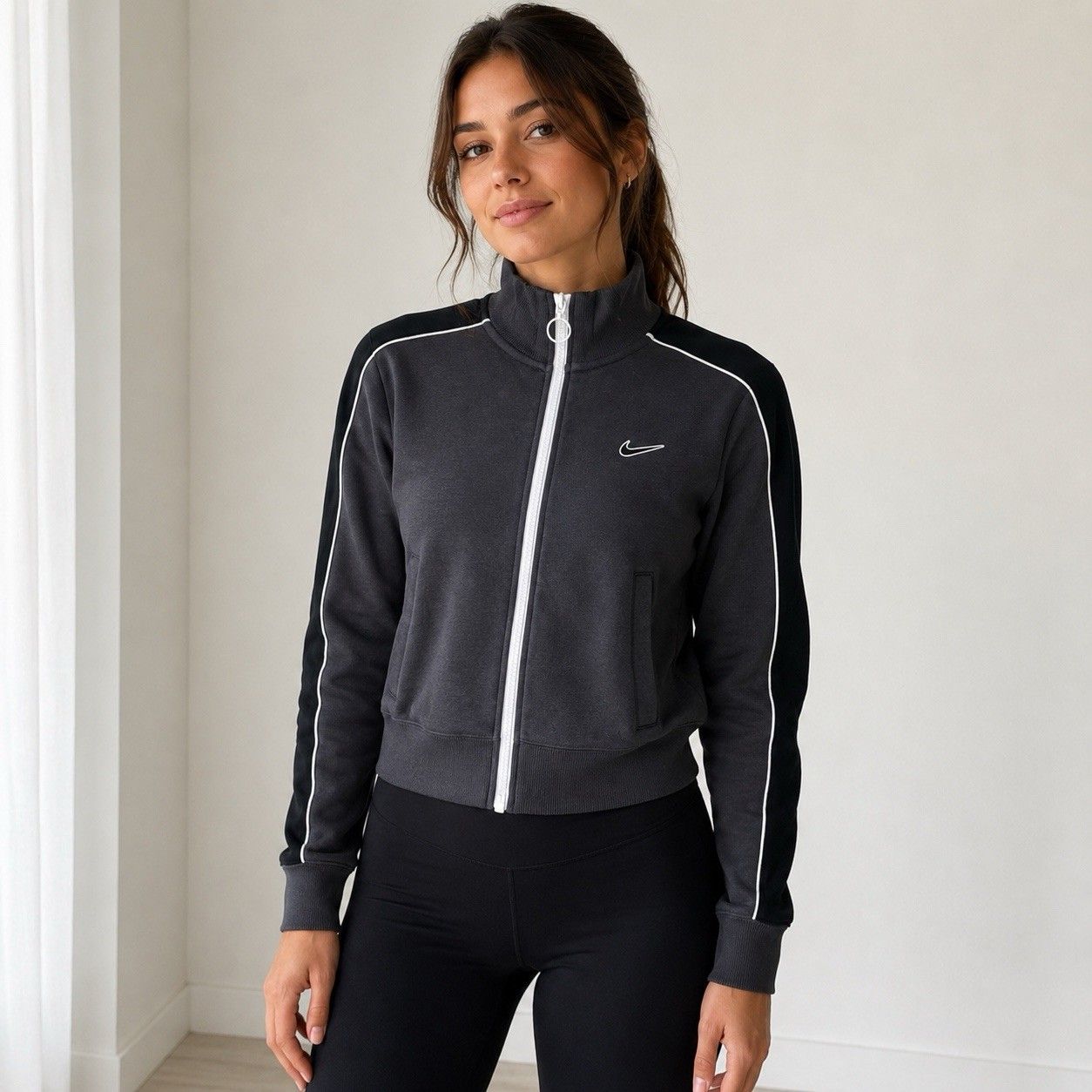 Nike Sportswear Womens Fleece Track Jacket Xs Fv4973-060 Gray Black White
